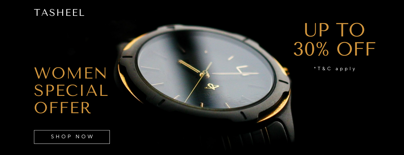 Promotional image of a women's watch with a black background, featuring a special offer.